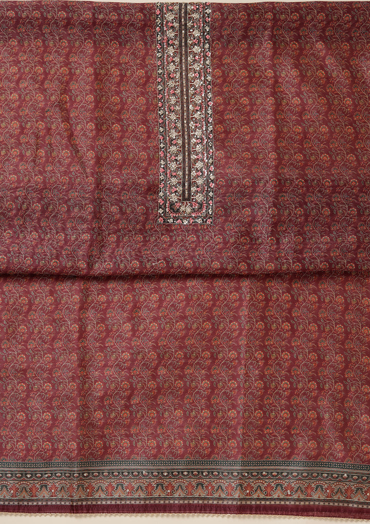 Wine Threadwork Chanderi Unstitched Salwar Suit
