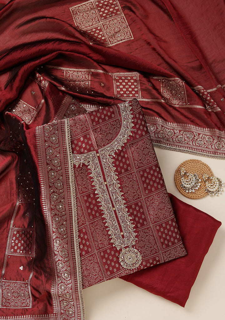 Maroon Zariwork (Gold) Brocade Unstitched Salwar Suit
