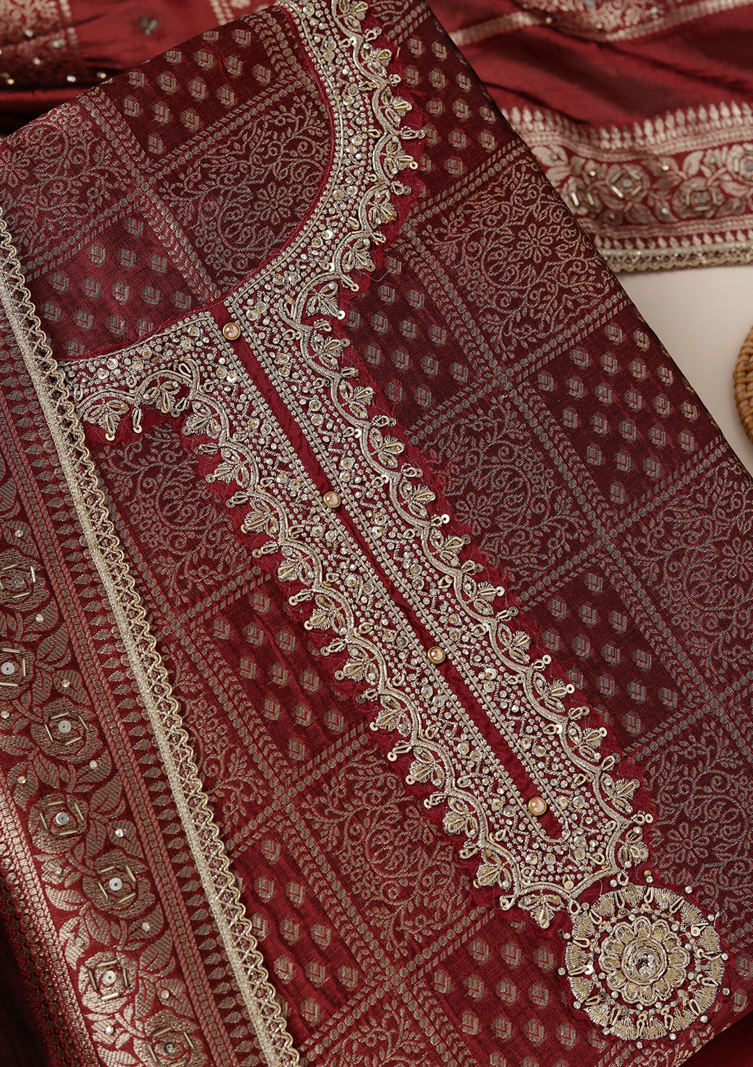 Maroon Zariwork (Gold) Brocade Unstitched Salwar Suit