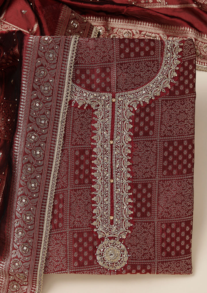 Maroon Zariwork (Gold) Brocade Unstitched Salwar Suit