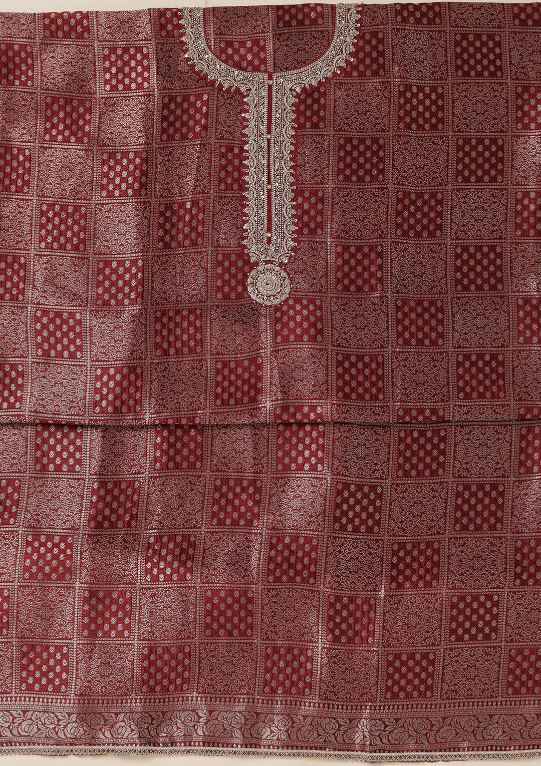 Maroon Zariwork (Gold) Brocade Unstitched Salwar Suit