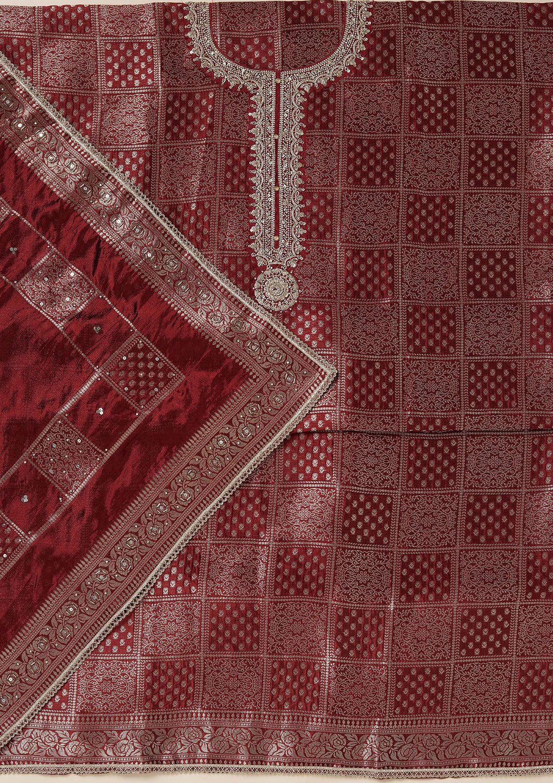 Maroon Zariwork (Gold) Brocade Unstitched Salwar Suit