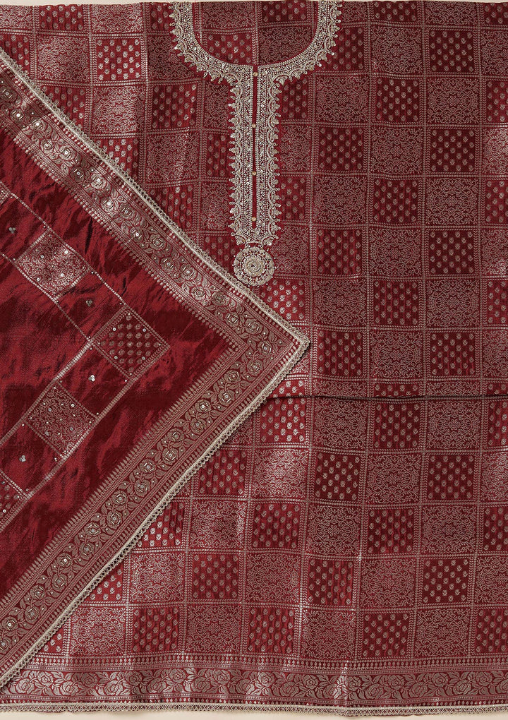 Maroon Zariwork (Gold) Brocade Unstitched Salwar Suit
