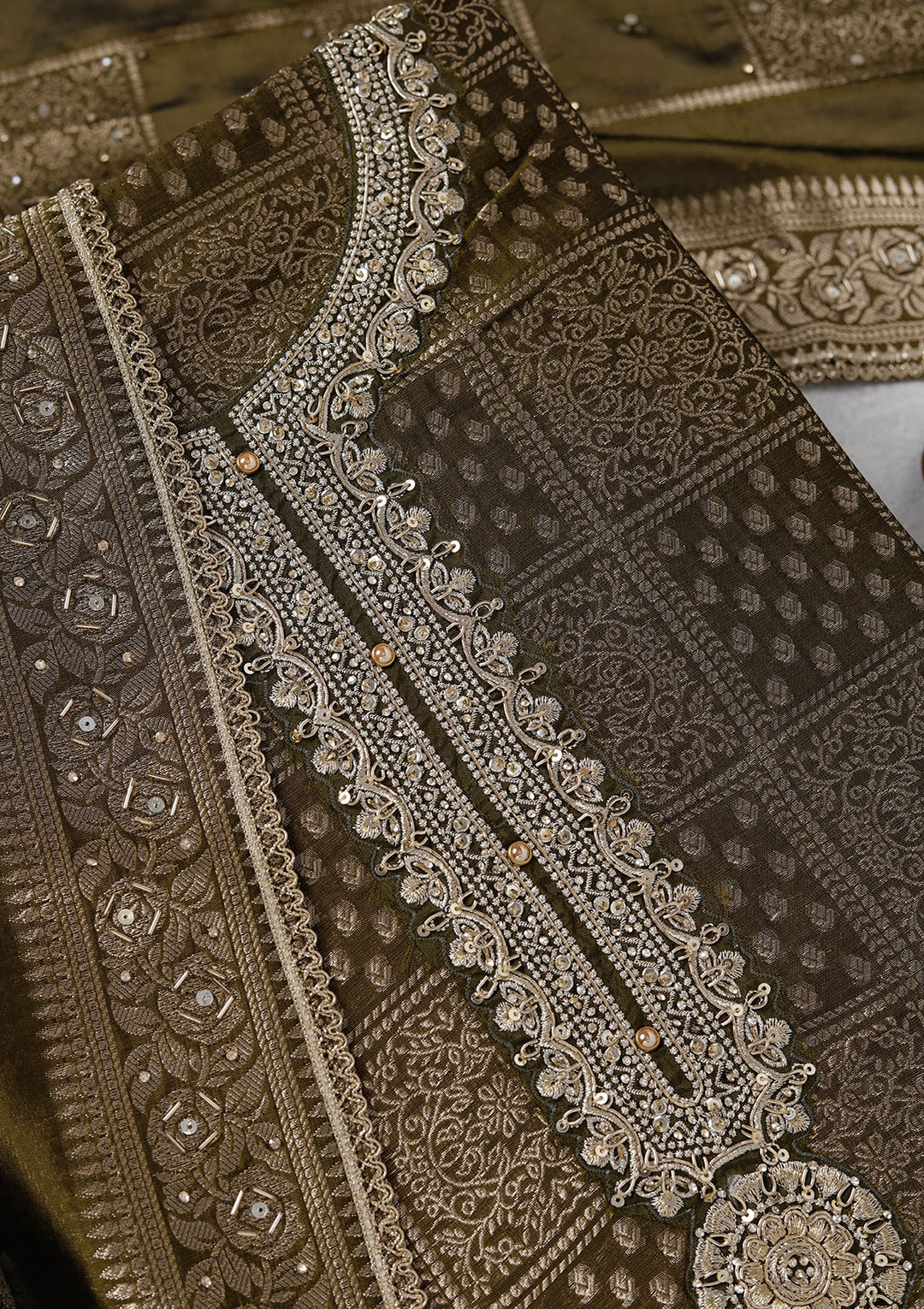 Mehendi Zariwork (Gold) Brocade Unstitched Salwar Suit