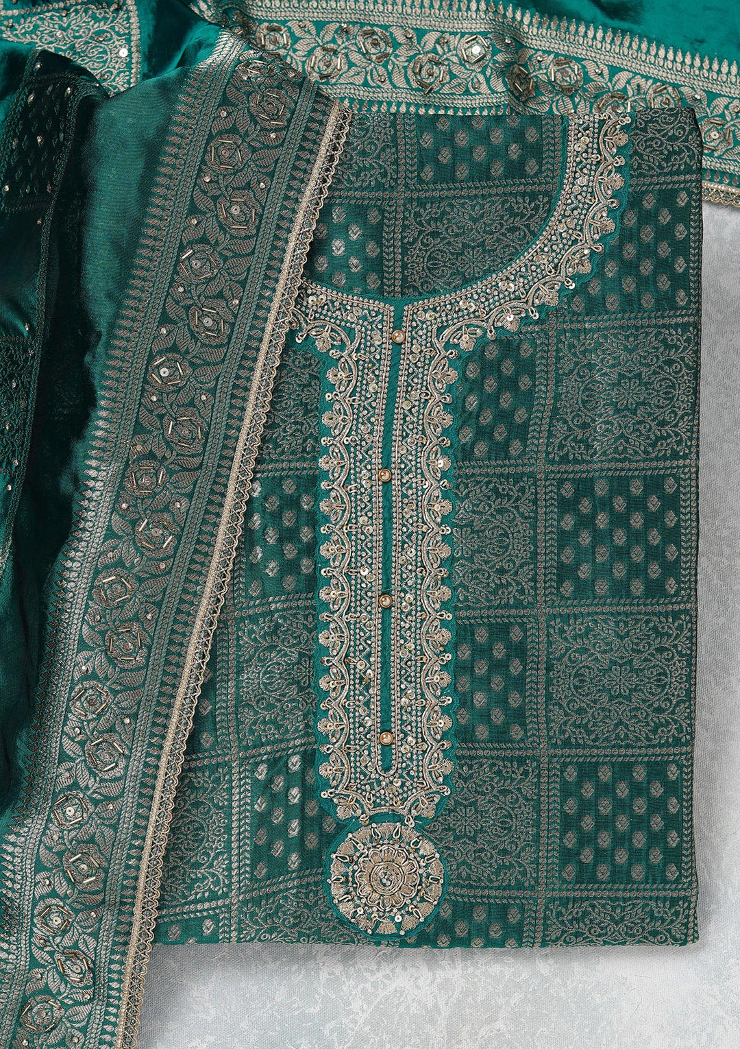 Turquoise Blue Zariwork (Gold) Brocade Unstitched Salwar Suit