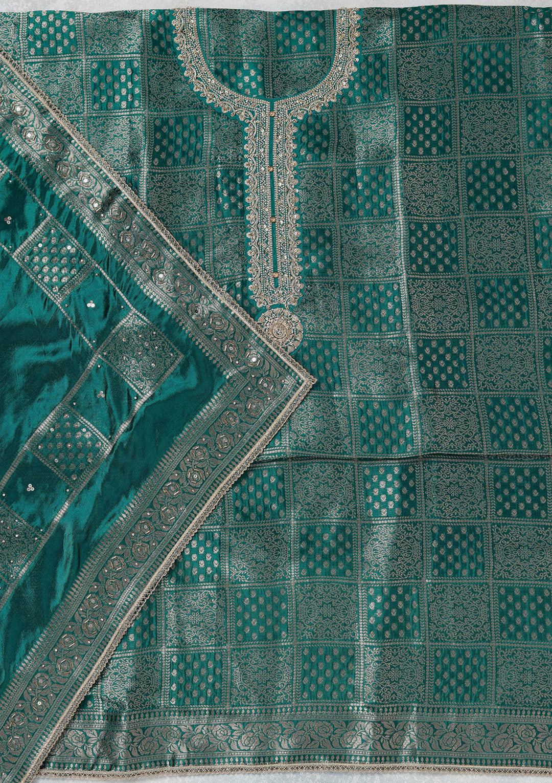 Turquoise Blue Zariwork (Gold) Brocade Unstitched Salwar Suit