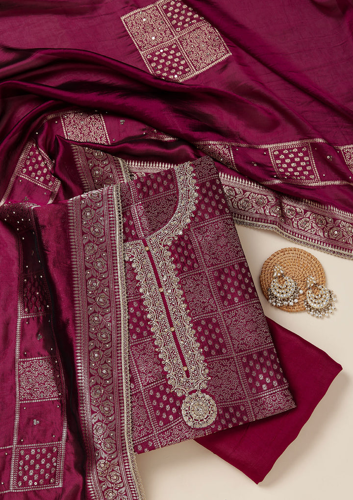 Wine Zariwork (Gold) Brocade Unstitched Salwar Suit