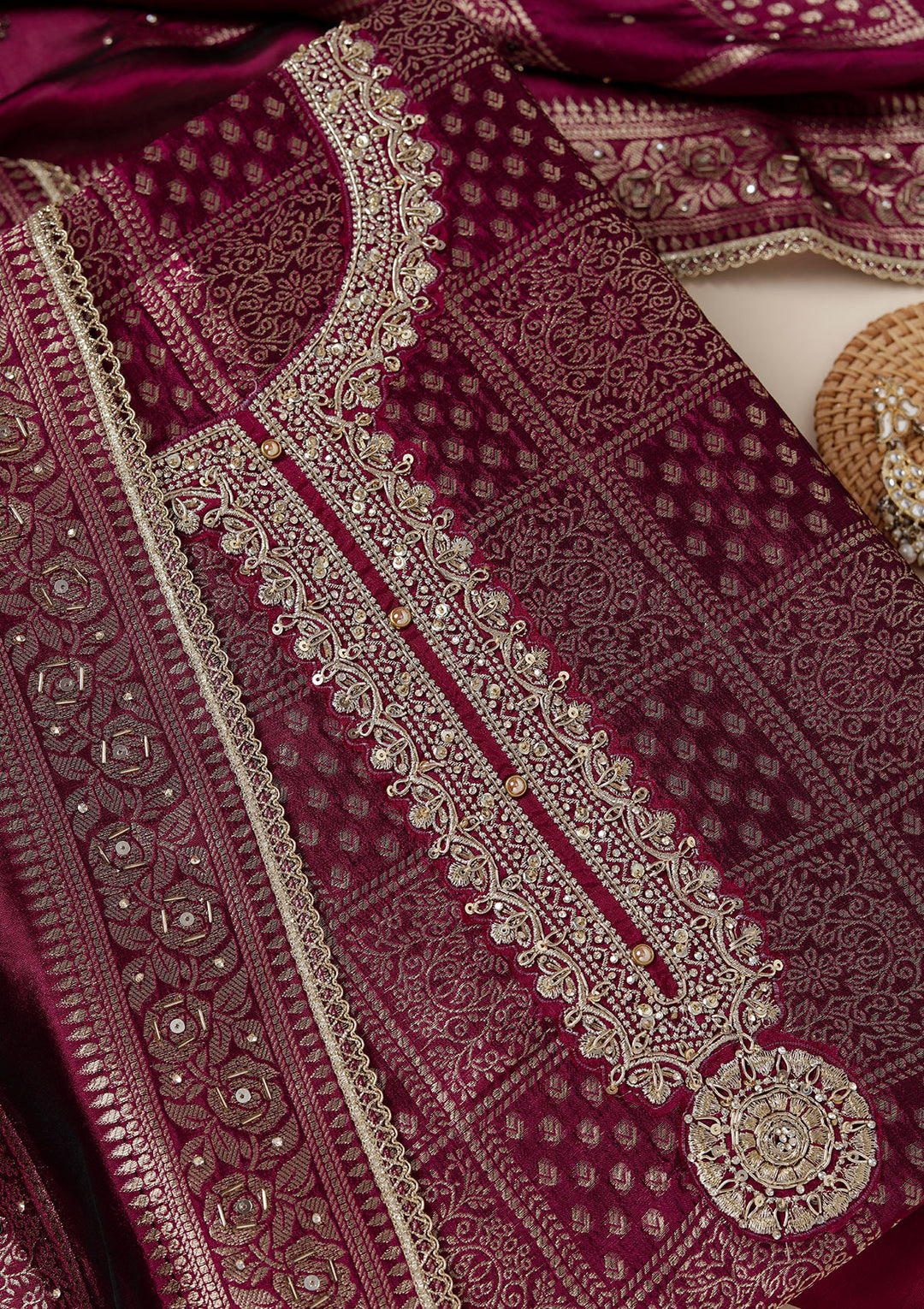 Wine Zariwork (Gold) Brocade Unstitched Salwar Suit