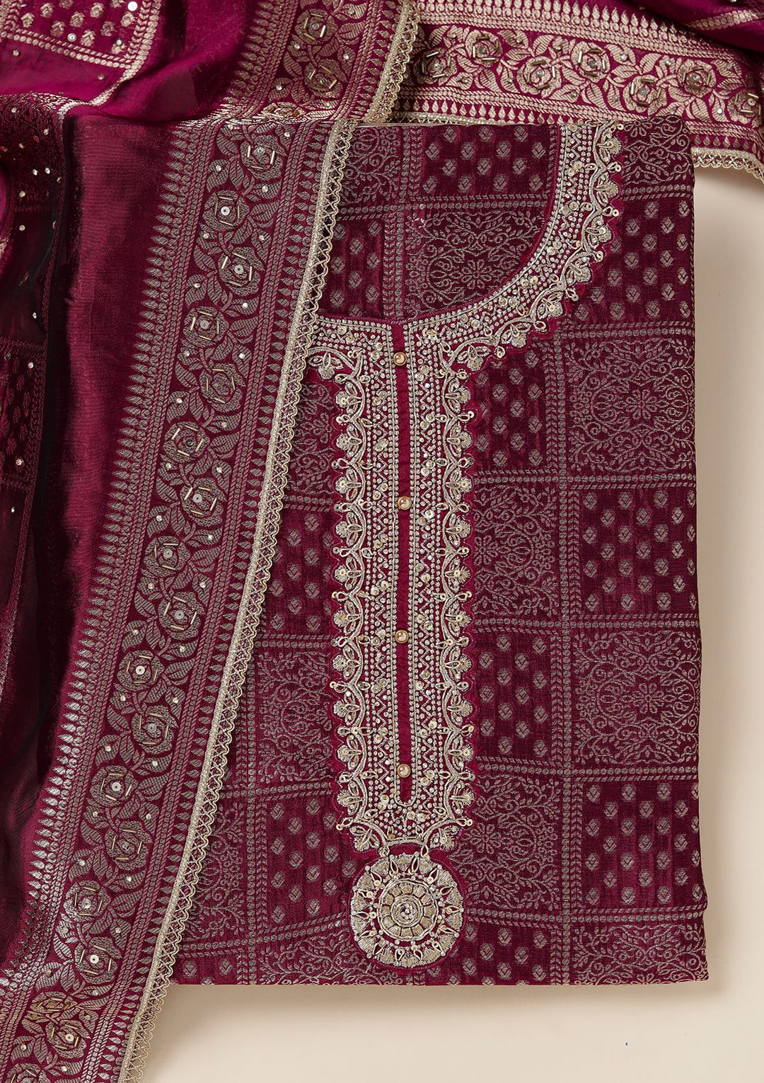 Wine Zariwork (Gold) Brocade Unstitched Salwar Suit