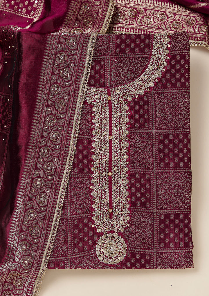 Wine Zariwork (Gold) Brocade Unstitched Salwar Suit