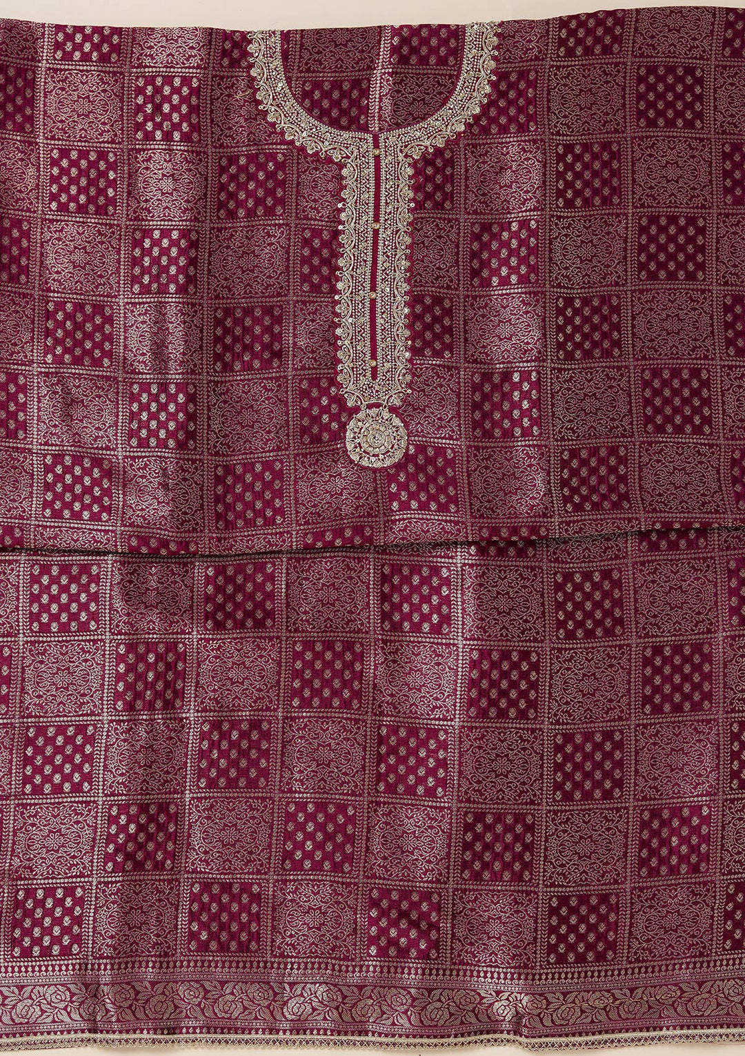 Wine Zariwork (Gold) Brocade Unstitched Salwar Suit