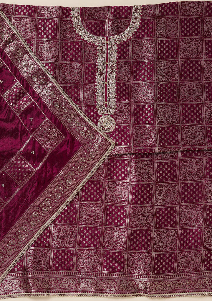 Wine Zariwork (Gold) Brocade Unstitched Salwar Suit