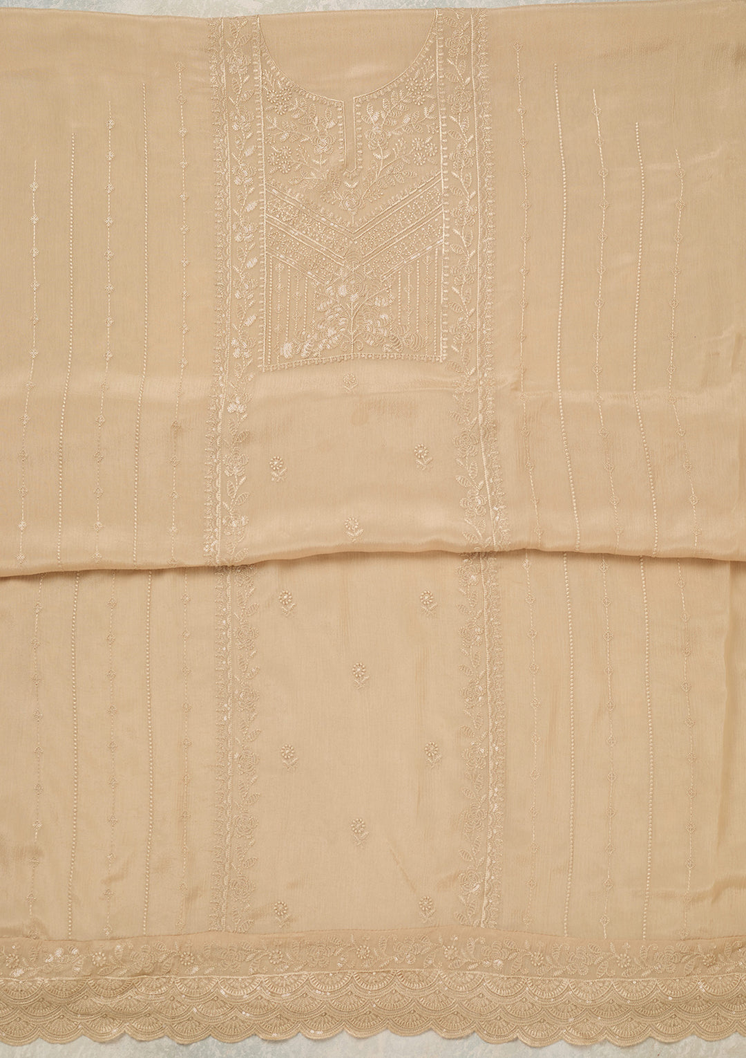 Beige Threadwork Chinon Unstitched Salwar Suit