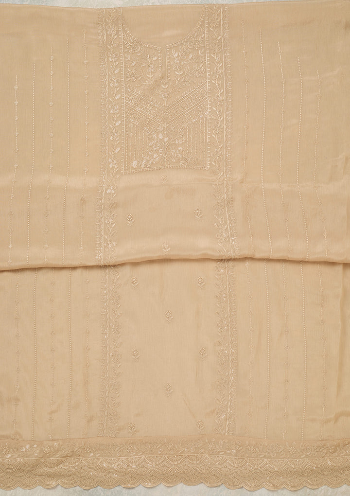 Beige Threadwork Chinon Unstitched Salwar Suit