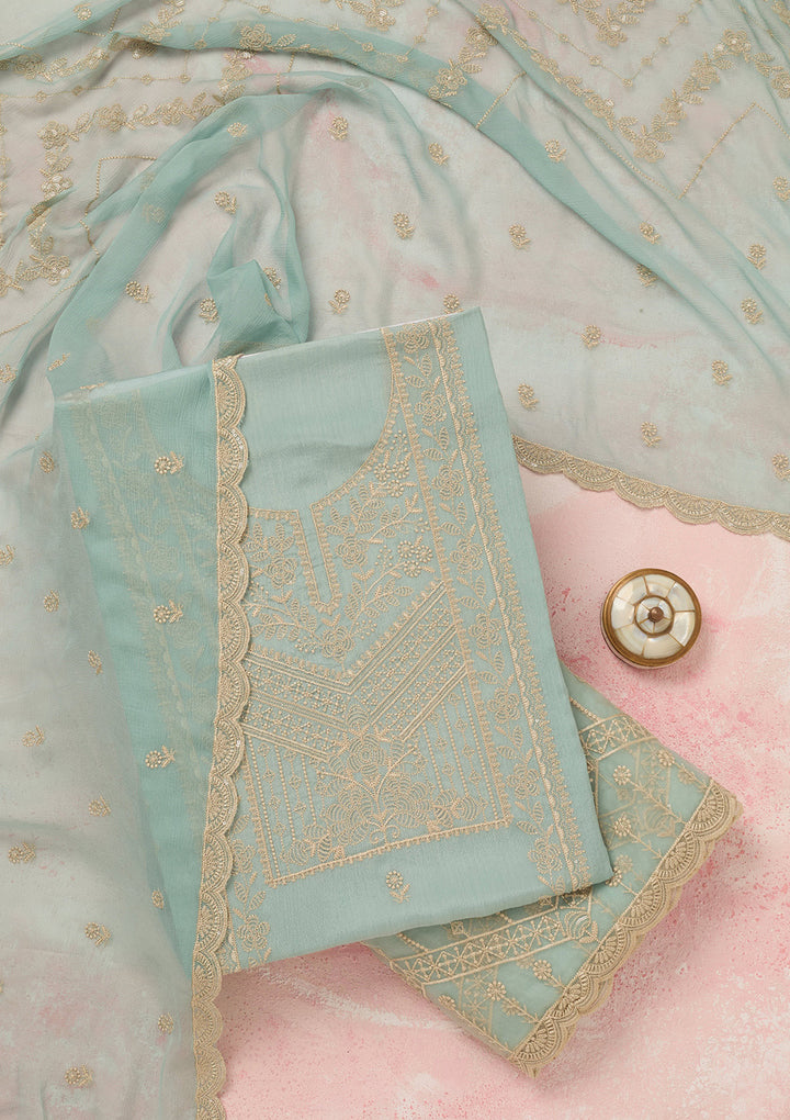 Sky Blue Threadwork Chinon Unstitched Salwar Suit
