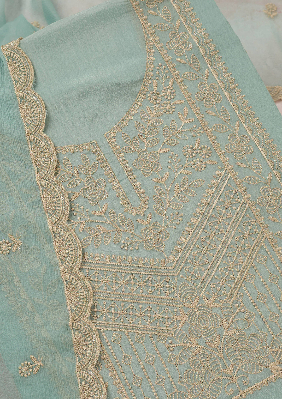 Sky Blue Threadwork Chinon Unstitched Salwar Suit