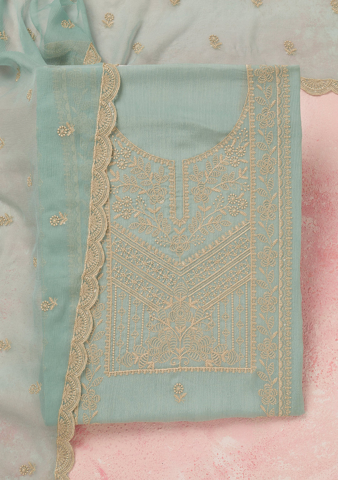 Sky Blue Threadwork Chinon Unstitched Salwar Suit