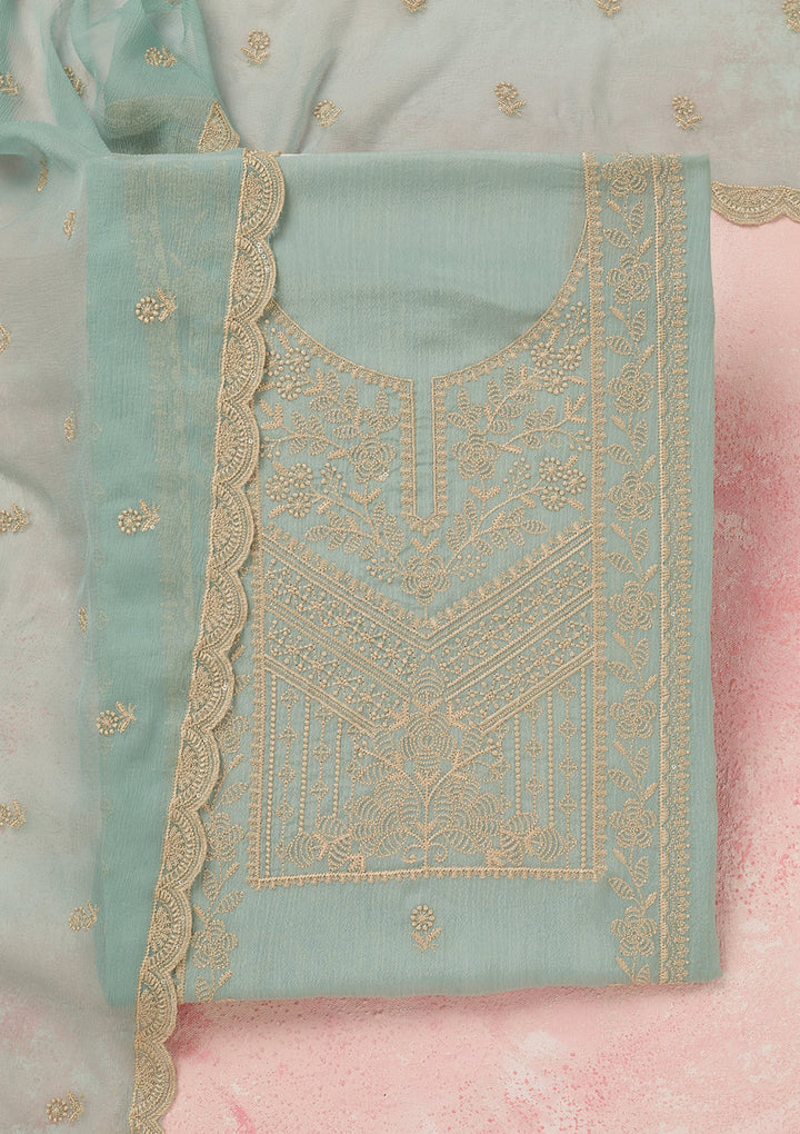 Sky Blue Threadwork Chinon Unstitched Salwar Suit