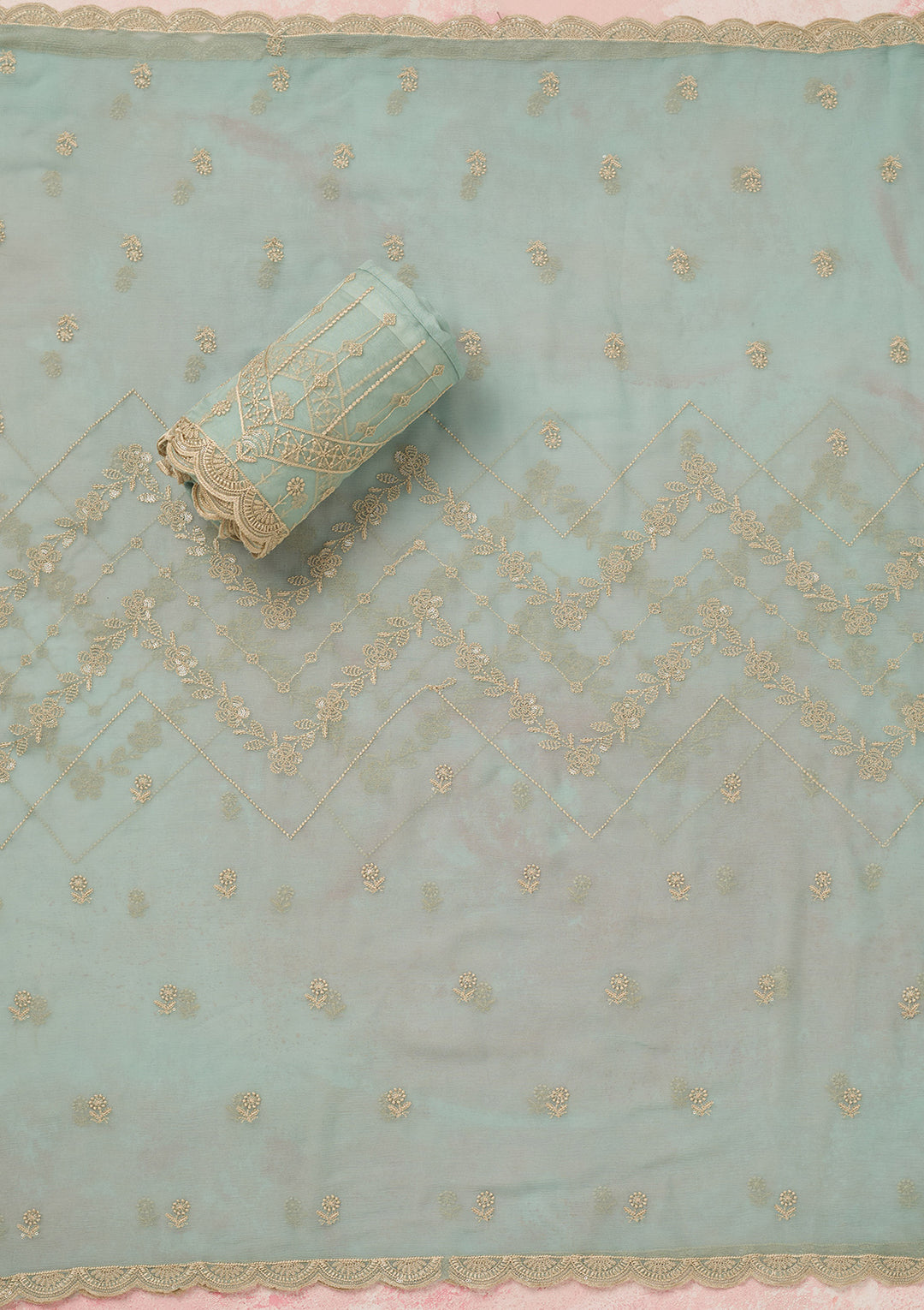Sky Blue Threadwork Chinon Unstitched Salwar Suit