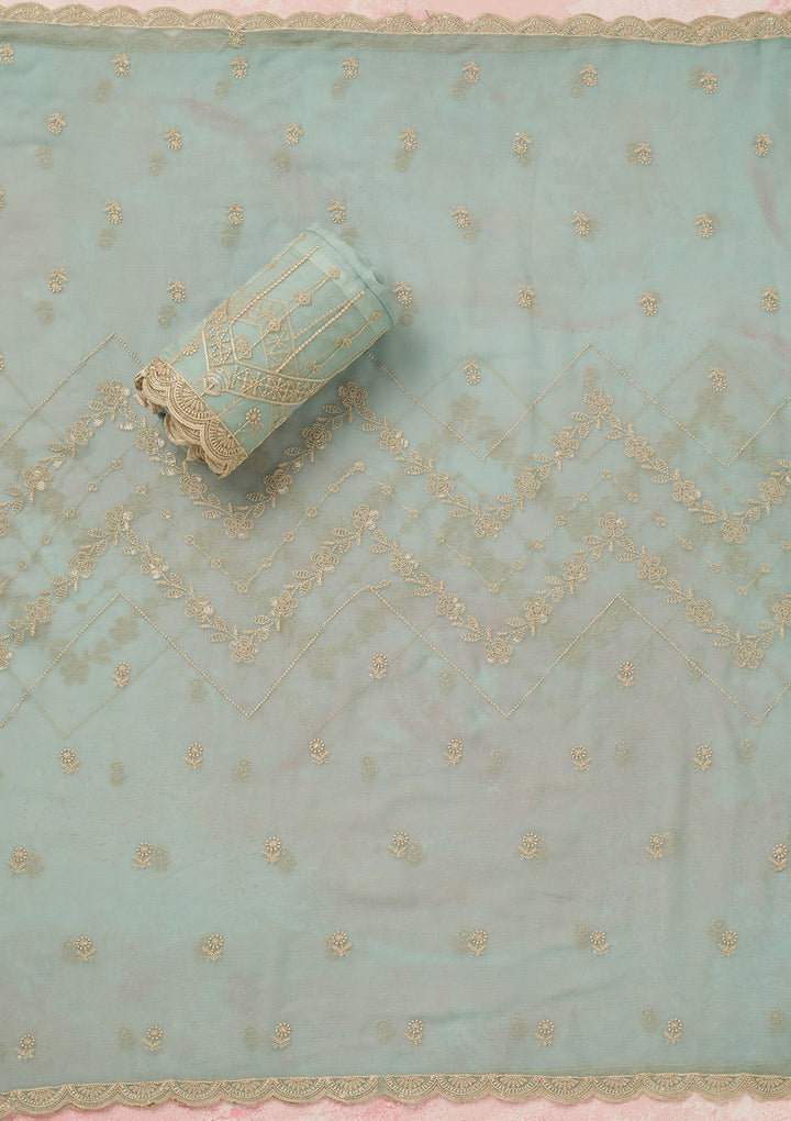Sky Blue Threadwork Chinon Unstitched Salwar Suit