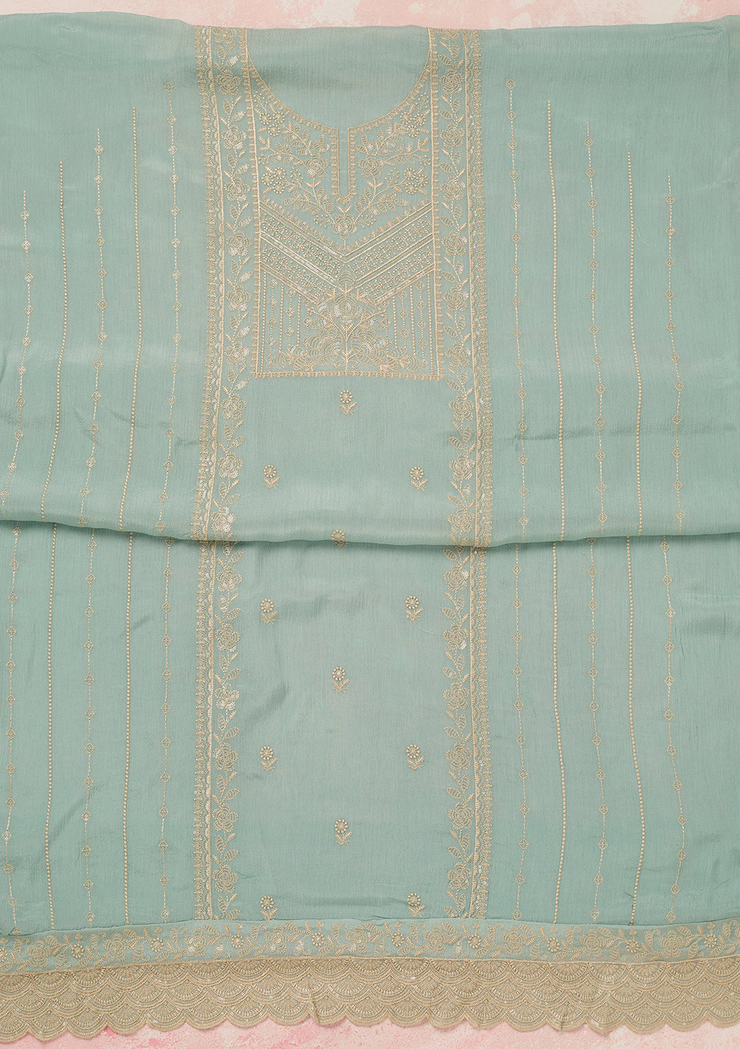Sky Blue Threadwork Chinon Unstitched Salwar Suit
