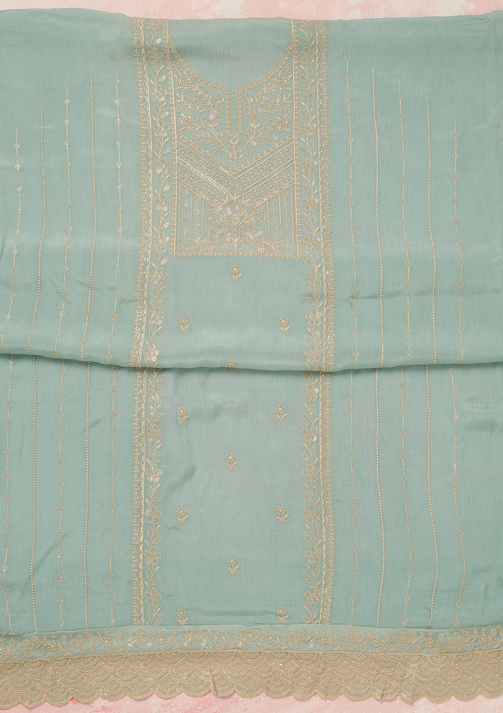 Sky Blue Threadwork Chinon Unstitched Salwar Suit