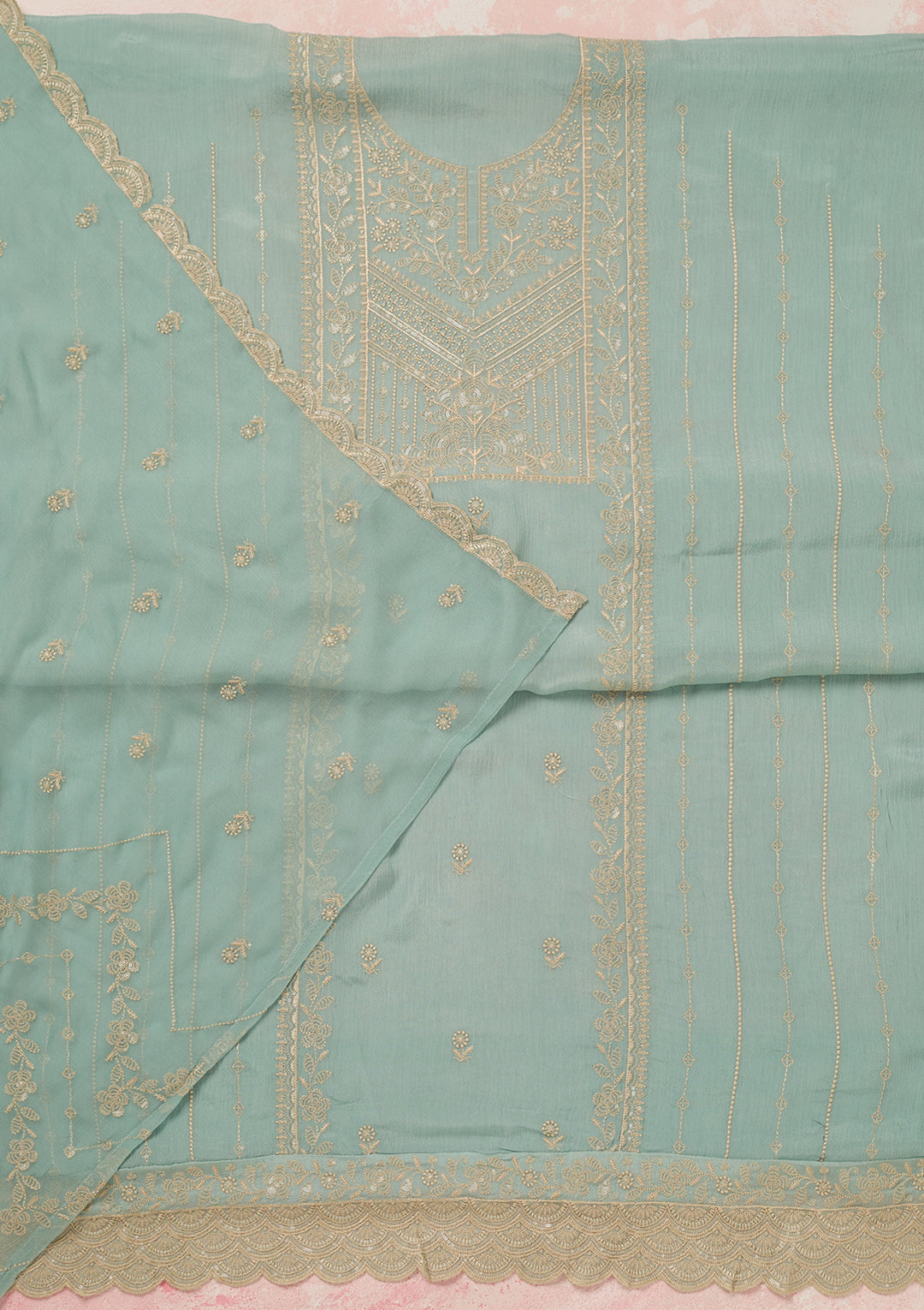 Sky Blue Threadwork Chinon Unstitched Salwar Suit