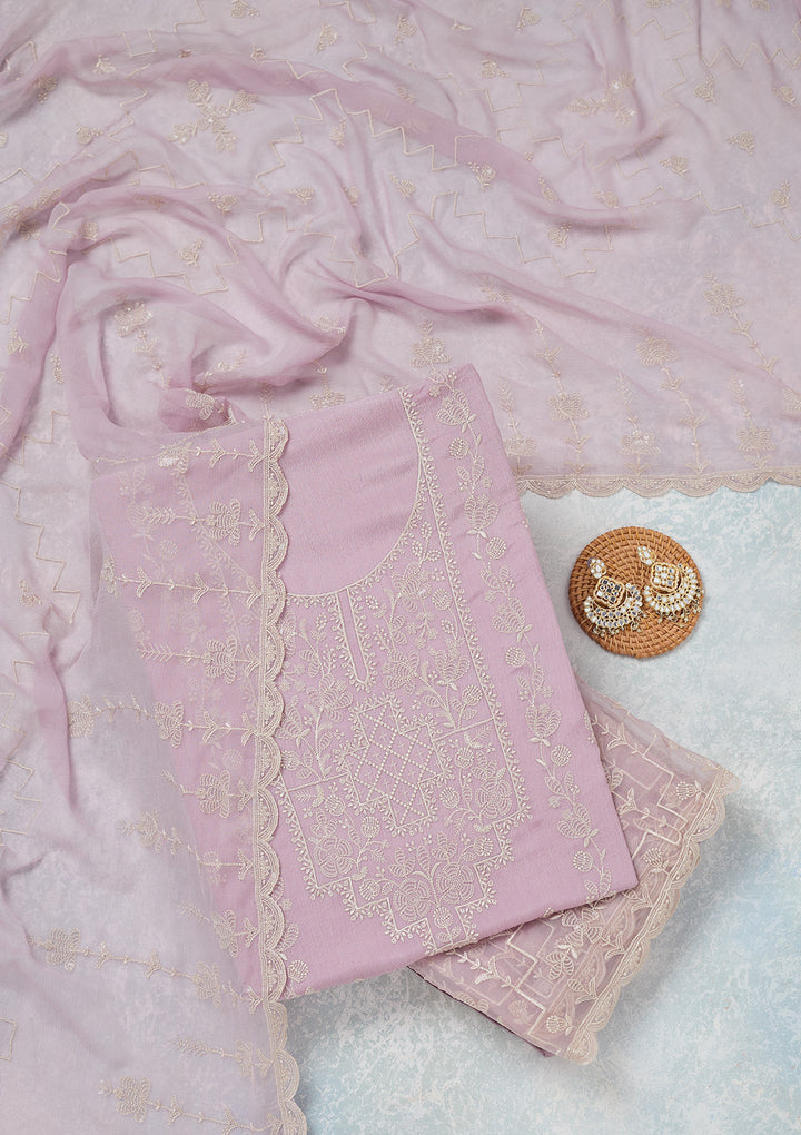 Lavender Threadwork Chinon Unstitched Salwar Suit