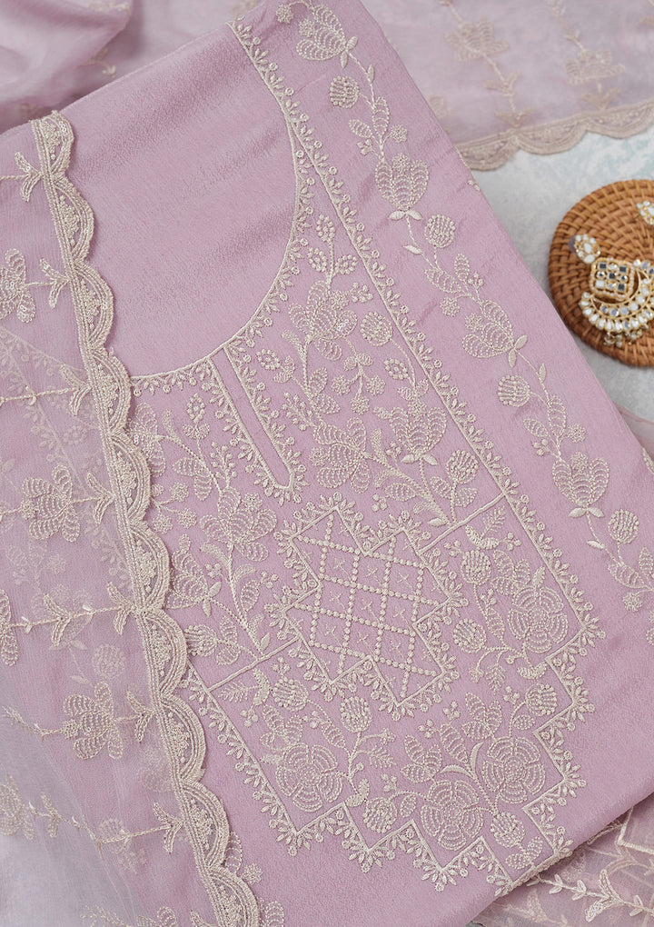 Lavender Threadwork Chinon Unstitched Salwar Suit