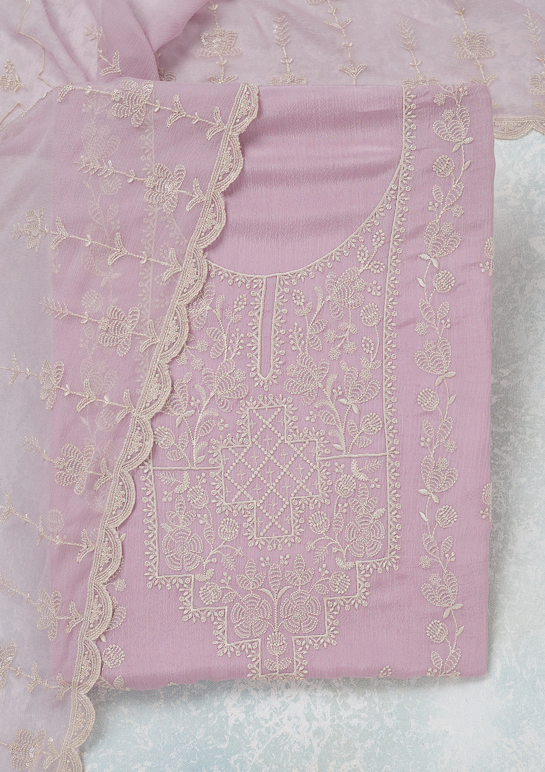 Lavender Threadwork Chinon Unstitched Salwar Suit