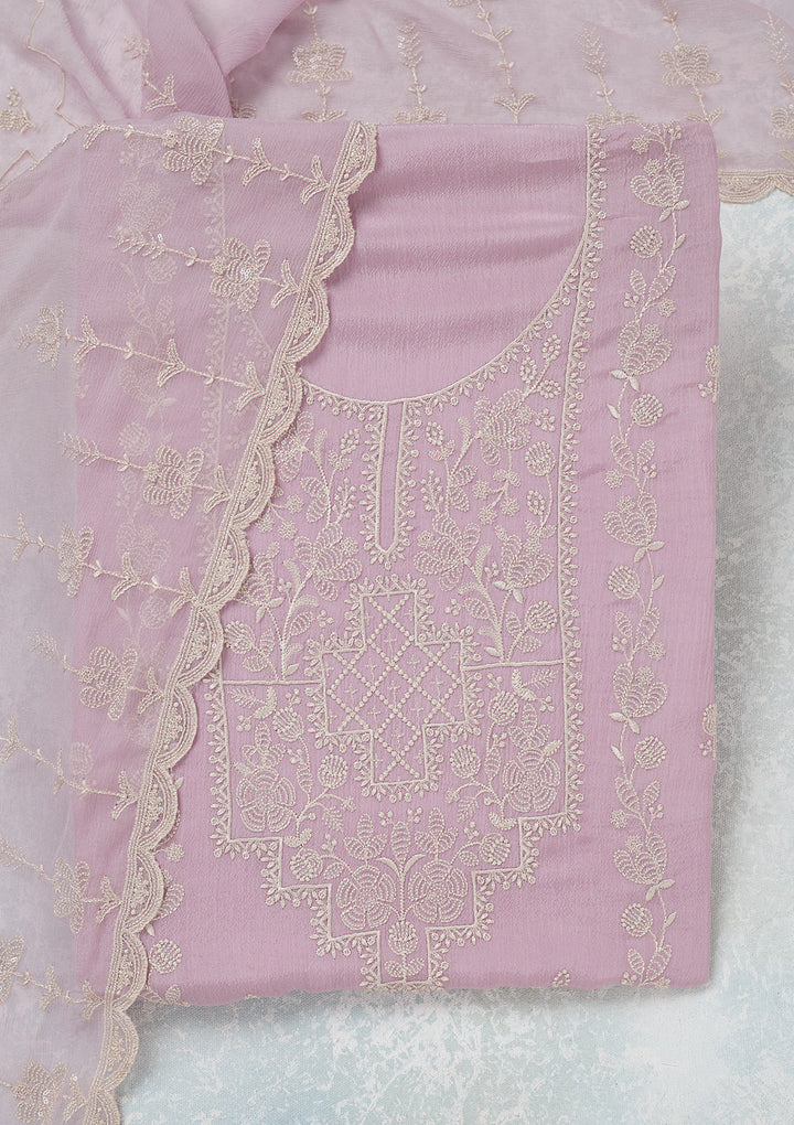 Lavender Threadwork Chinon Unstitched Salwar Suit
