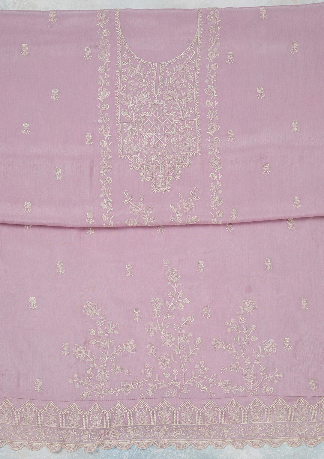 Lavender Threadwork Chinon Unstitched Salwar Suit