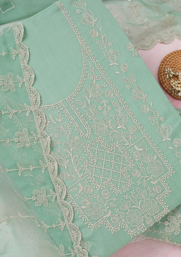 Sea Green Threadwork Chinon Unstitched Salwar Suit