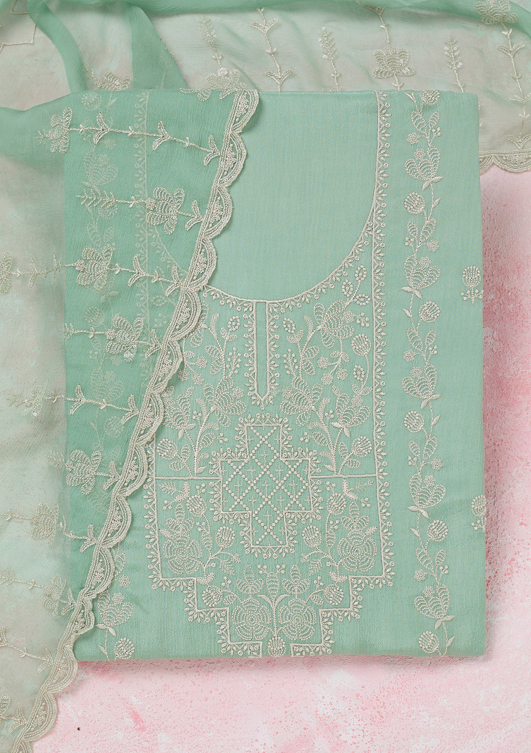 Sea Green Threadwork Chinon Unstitched Salwar Suit