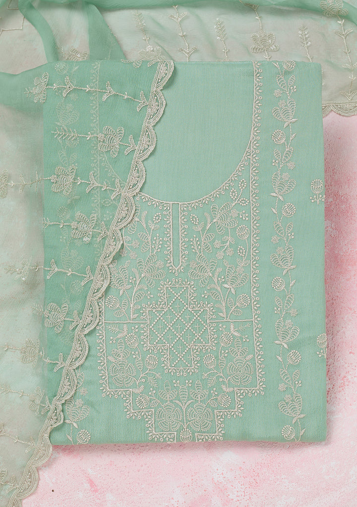 Sea Green Threadwork Chinon Unstitched Salwar Suit