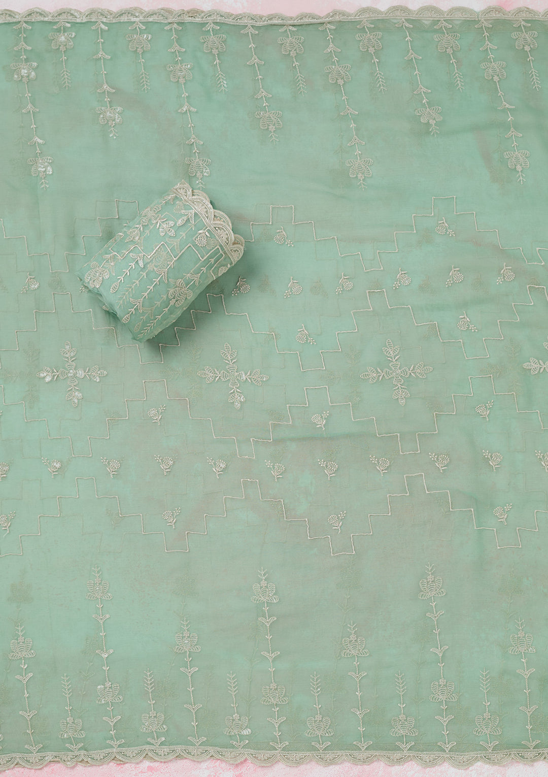 Sea Green Threadwork Chinon Unstitched Salwar Suit