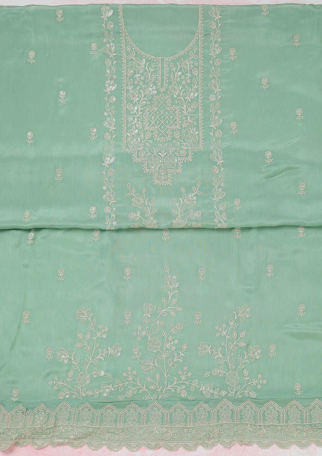 Sea Green Threadwork Chinon Unstitched Salwar Suit