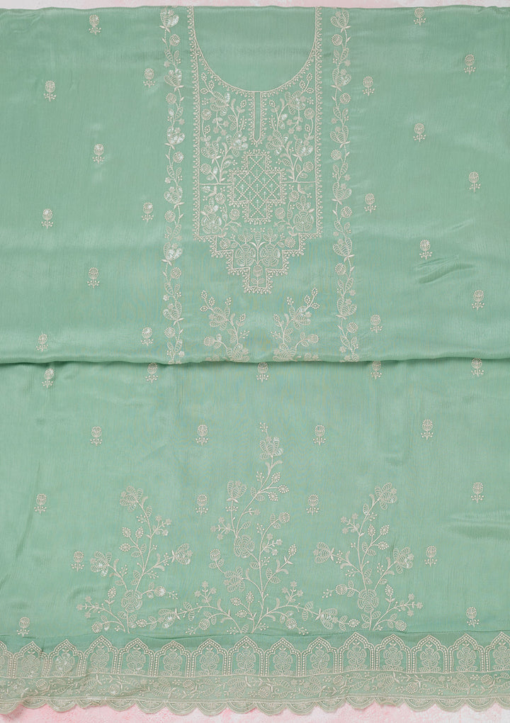 Sea Green Threadwork Chinon Unstitched Salwar Suit