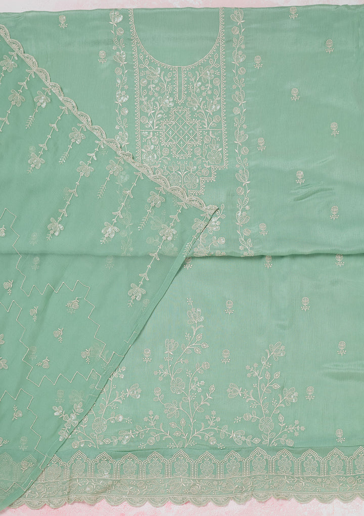 Sea Green Threadwork Chinon Unstitched Salwar Suit