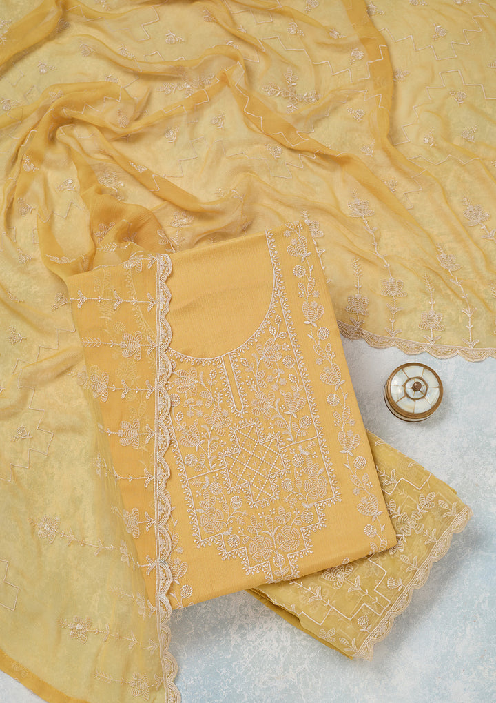 Yellow Threadwork Chinon Unstitched Salwar Suit