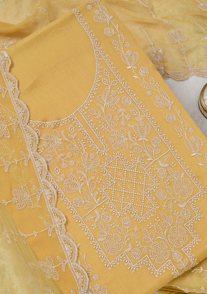 Yellow Threadwork Chinon Unstitched Salwar Suit