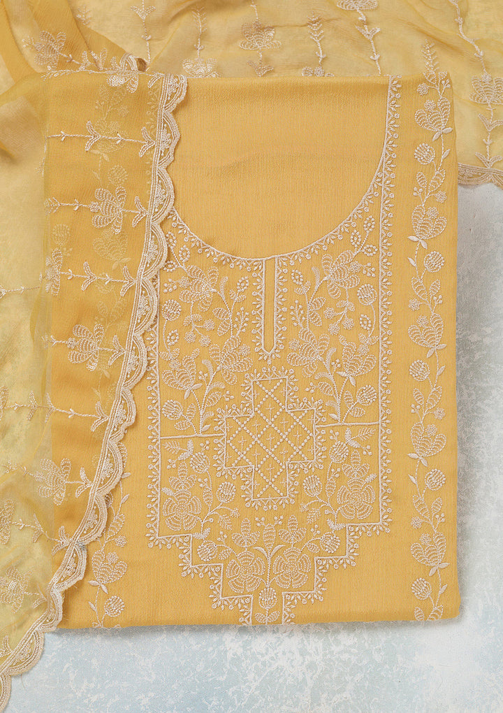 Yellow Threadwork Chinon Unstitched Salwar Suit