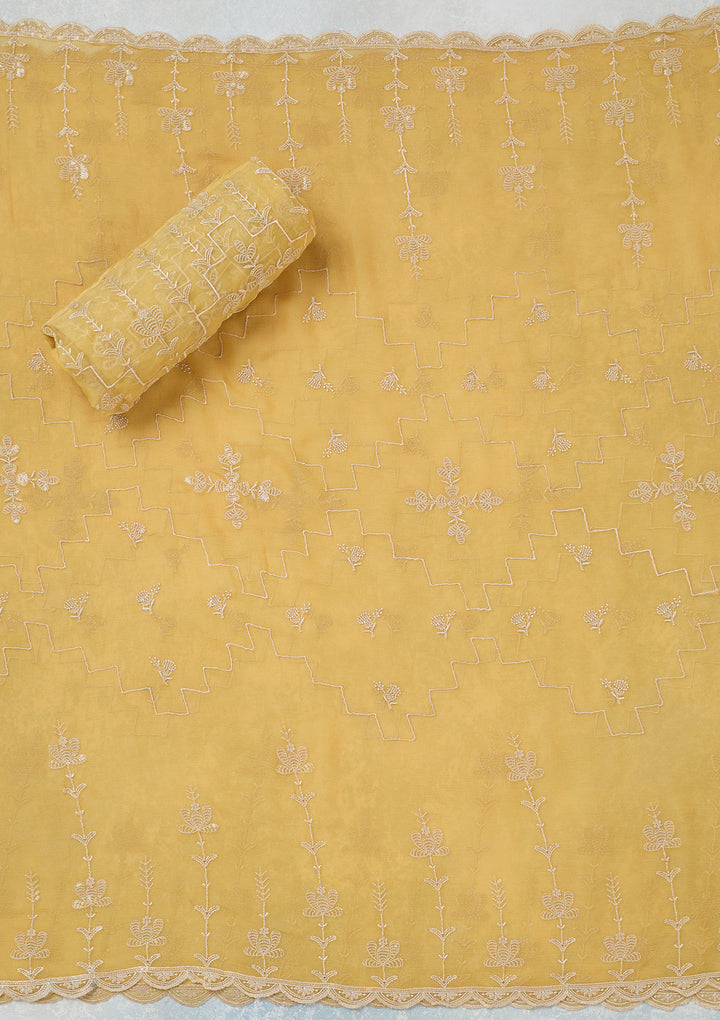 Yellow Threadwork Chinon Unstitched Salwar Suit