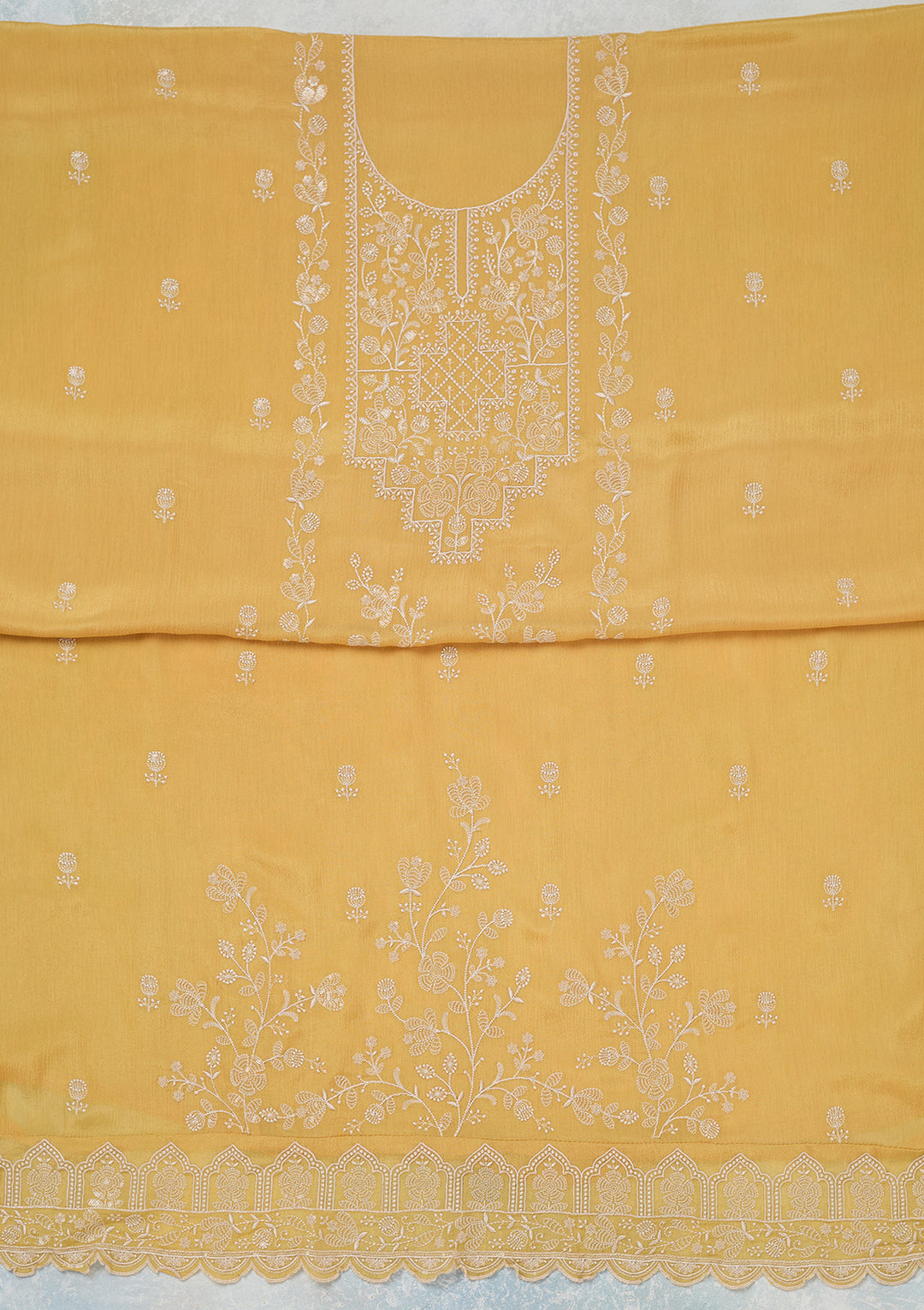 Yellow Threadwork Chinon Unstitched Salwar Suit