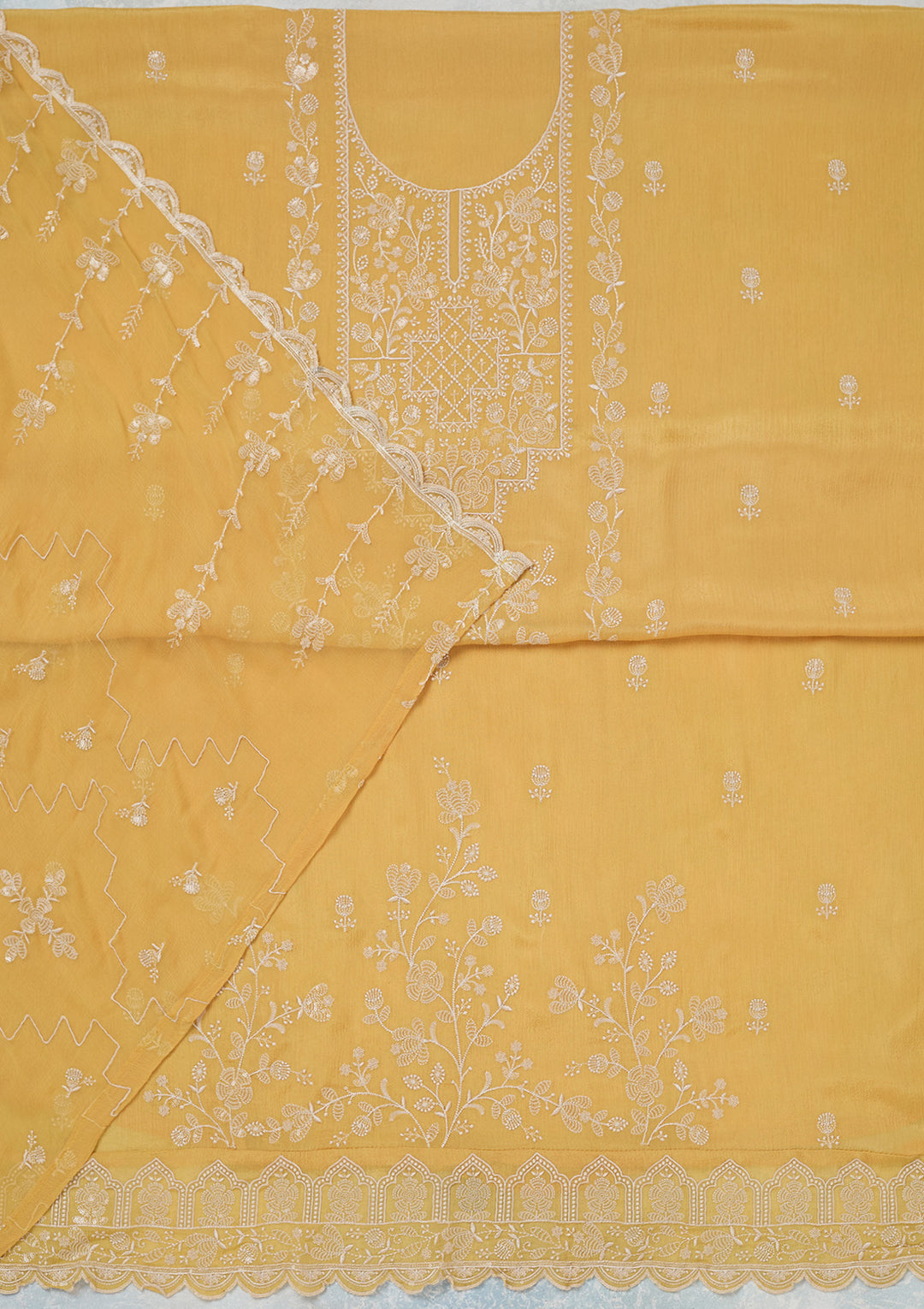 Yellow Threadwork Chinon Unstitched Salwar Suit