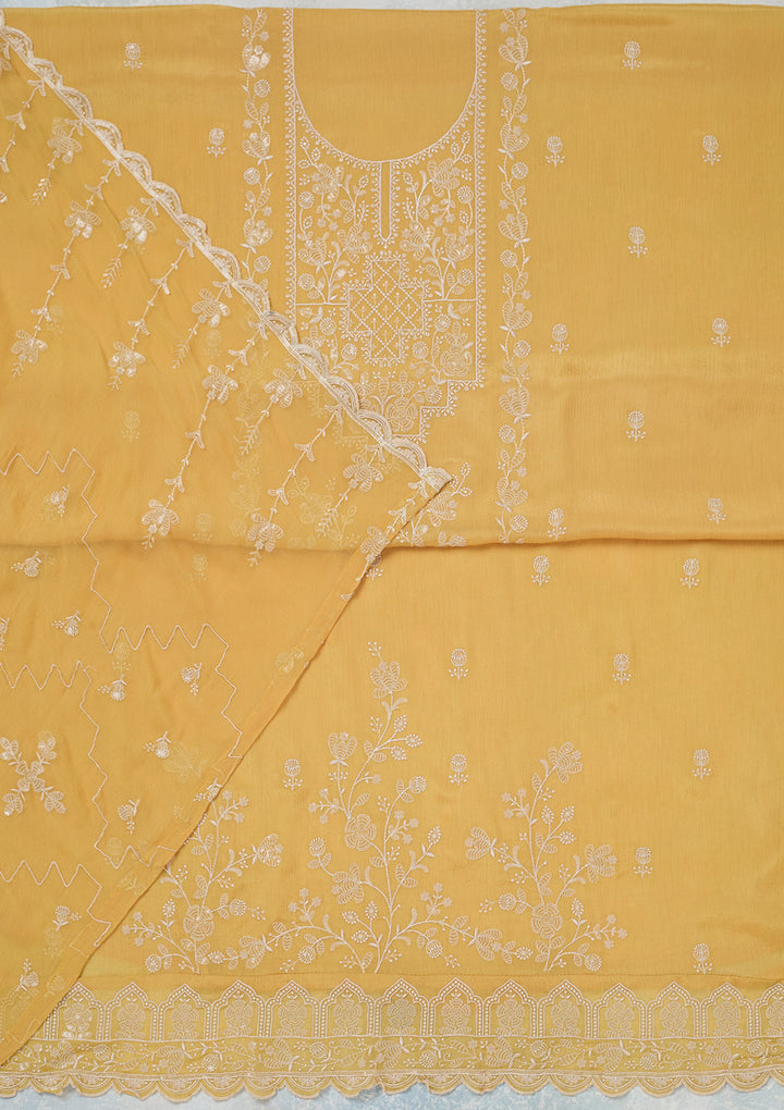 Yellow Threadwork Chinon Unstitched Salwar Suit