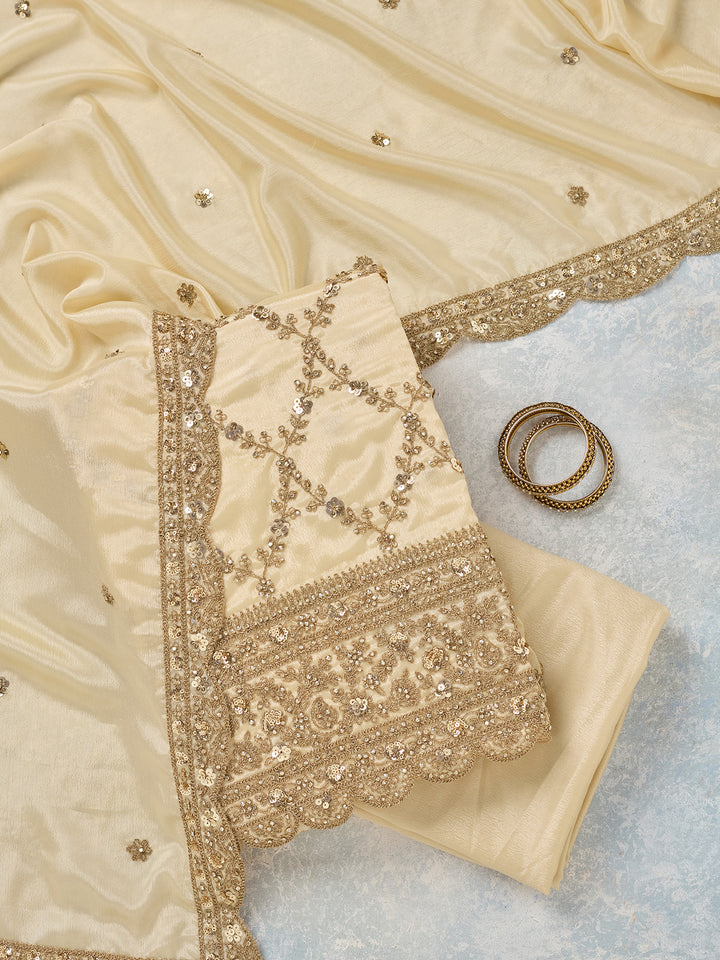 Cream Zariwork (Gold) Chinon Unstitched Salwar Suit