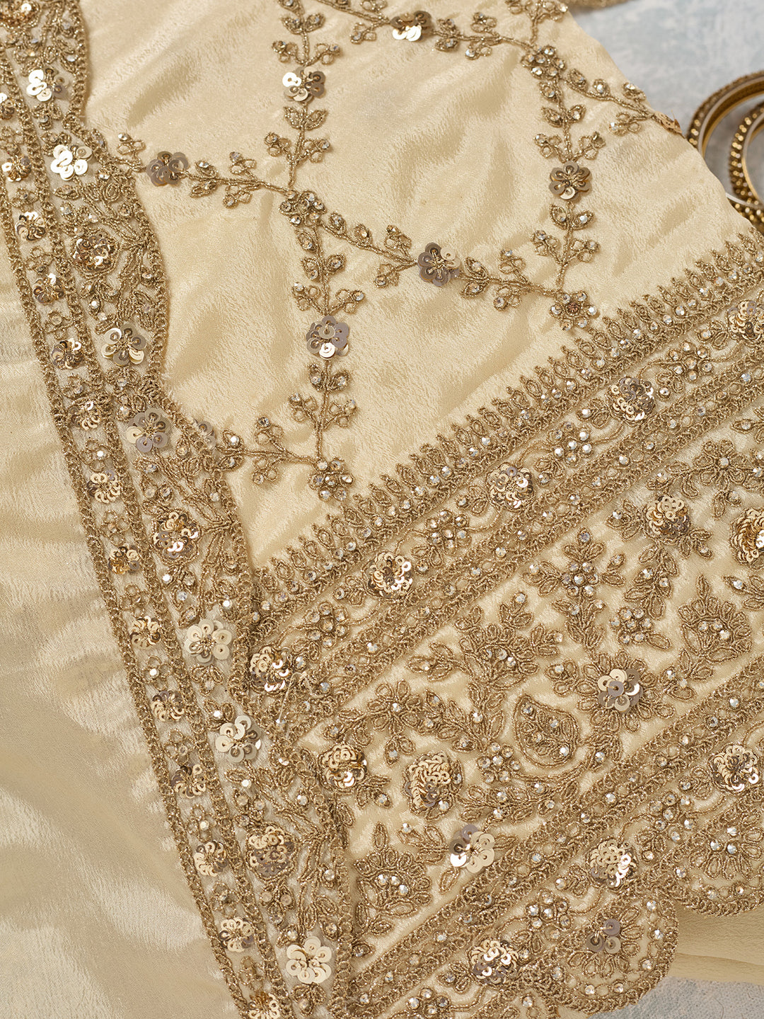 Cream Zariwork (Gold) Chinon Unstitched Salwar Suit