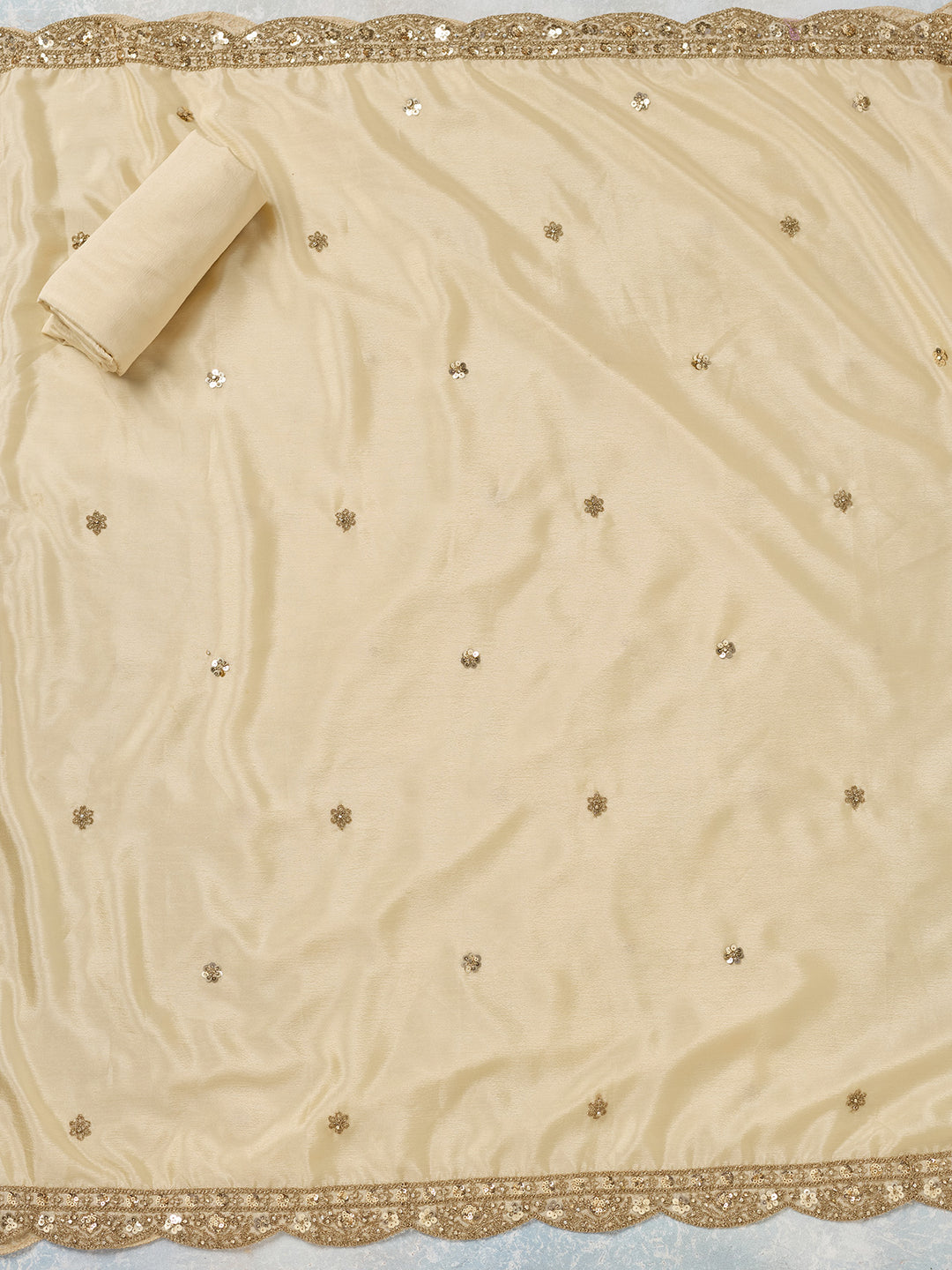 Cream Zariwork (Gold) Chinon Unstitched Salwar Suit