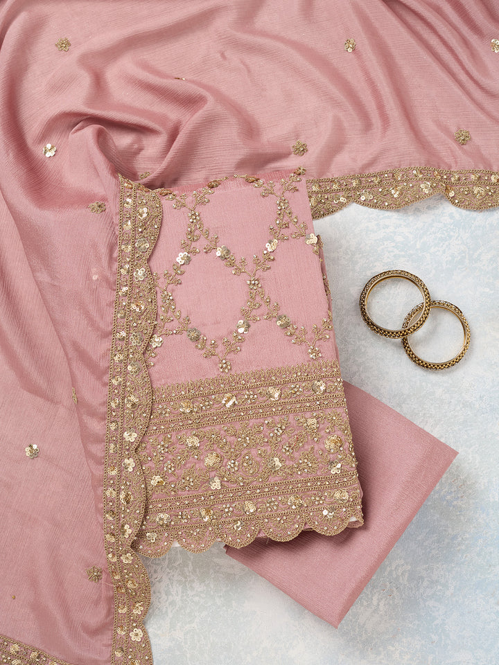 Onion Pink Zariwork (Gold) Chinon Unstitched Salwar Suit